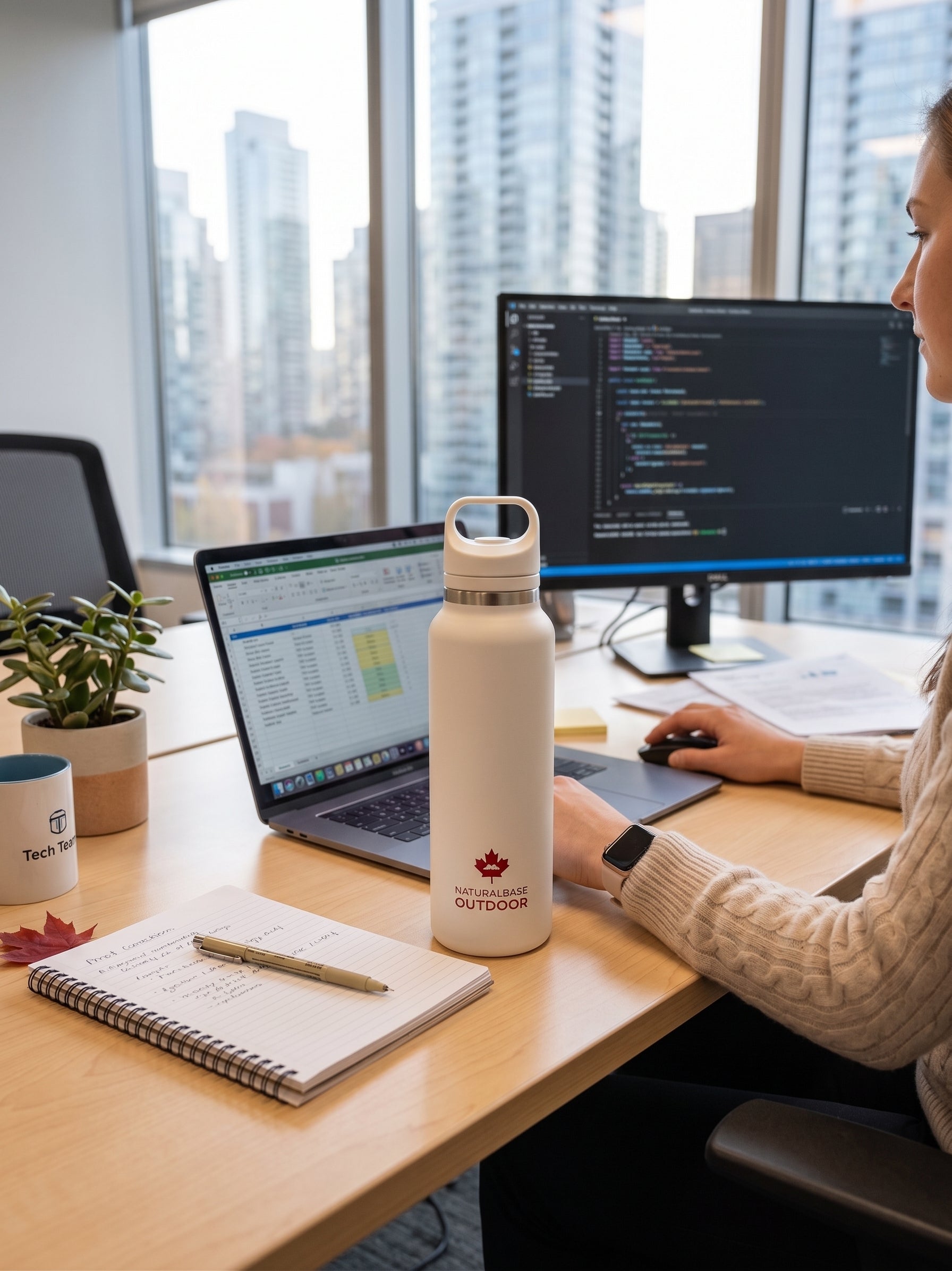 Person working at a desk with multiple monitors and a water bottle on a cityscape background