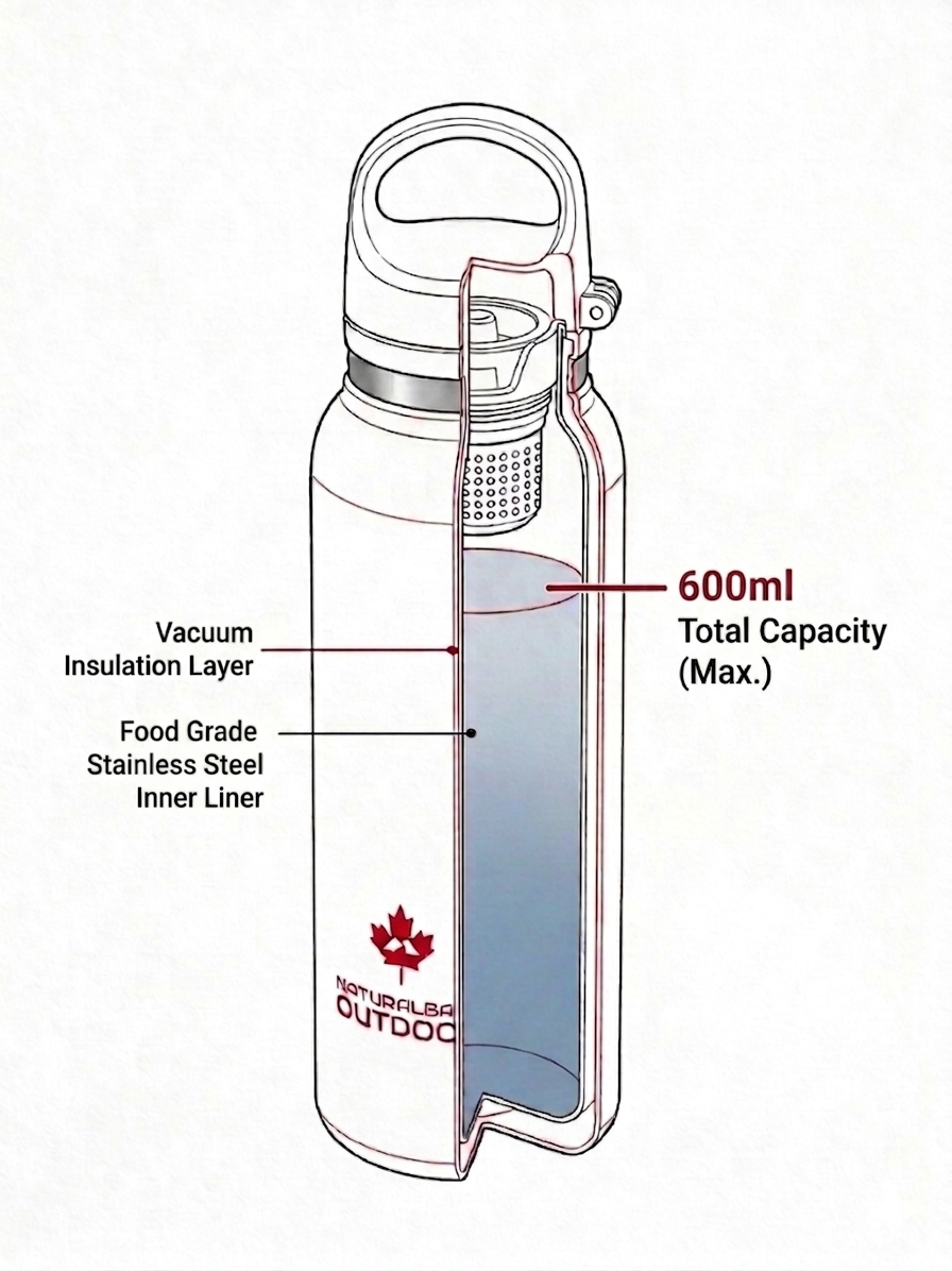 Diagram of a water bottle with labeled features and capacity on a white background